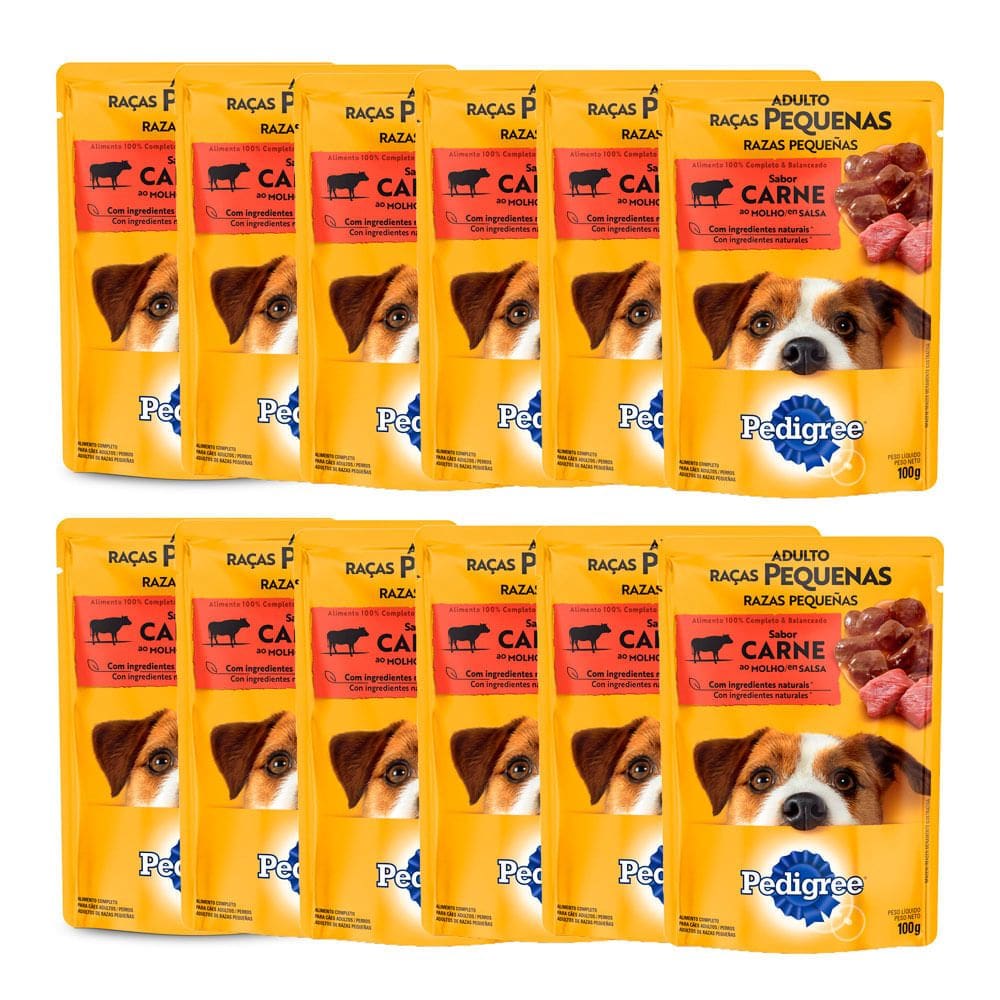 kit 12 Ração Úmida para Cachorro Pedigree Adulto Raças Pequenas Sabor Carne ao Molho em Sachê 100g