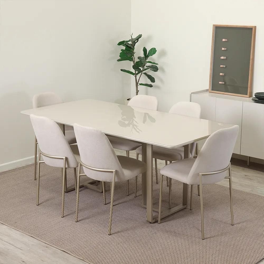 Conjunto de Jantar Mesa Retangular com Vidro Arcádia 6 Cadeiras Lucille - Champanhe c/ Off White - Palha