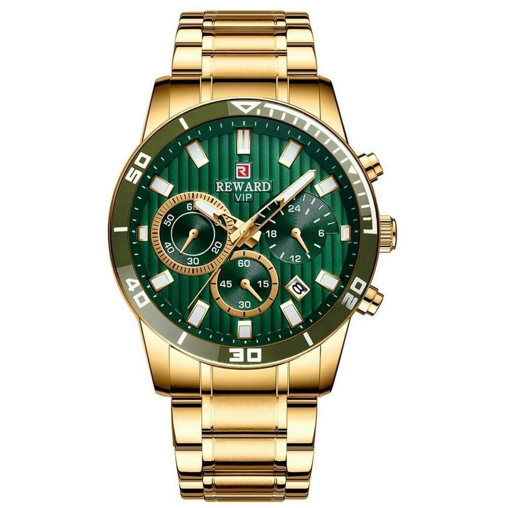 Relógio De Quartzo Casual Masculino Pulseira De Aço Inoxidável À Prova Da Água Verde Dourado