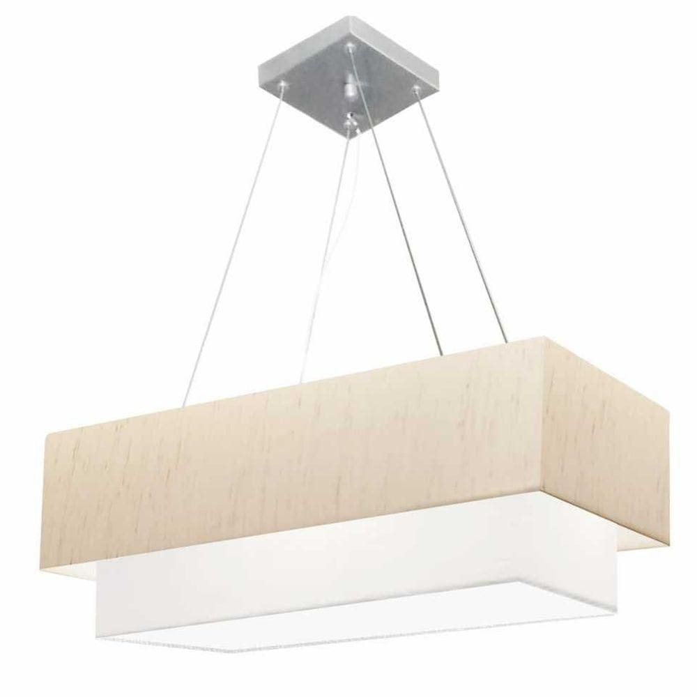 Lustre Pendente Retangular Vivare Md-4138 Cúpula Em Tecido 70x30cm X 60x25cm - Bivolt Linho-bege-branco 127/220v
