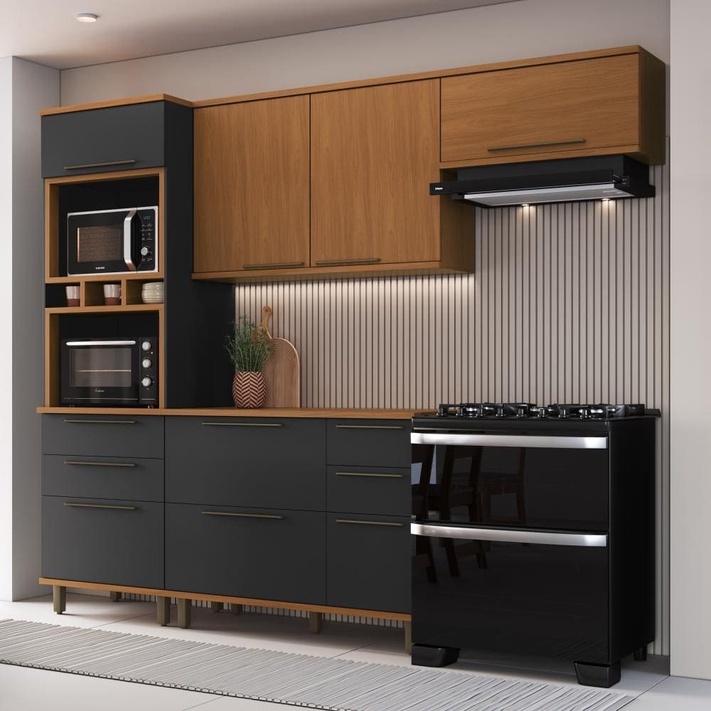 Cozinha Modulada Compacta Fidelitá França 4 Peças 270cm 8 Portas 4 Gavetas Com Tampo Freijó/grafite