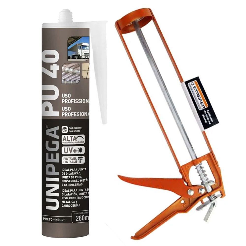 Kit Selante PU40 Unipega Preto 400g Vedação + Aplicador de Silicone Construção Profissional Veda Cola