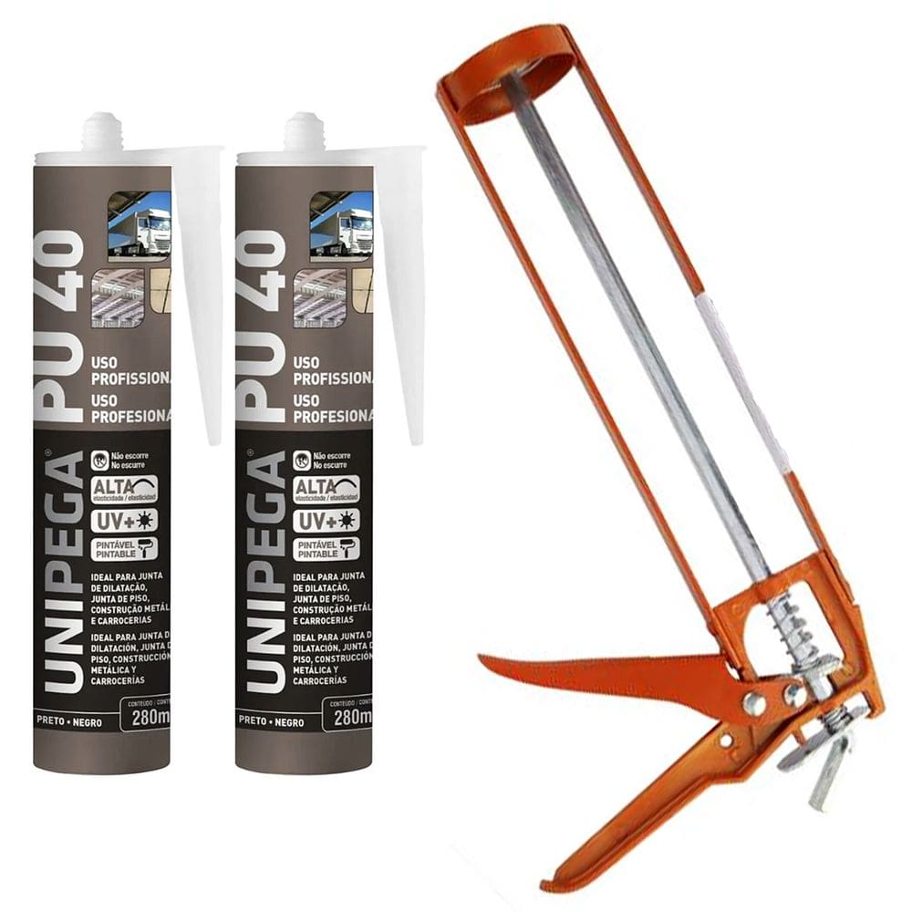 Kit Selante PU40 Unipega Preto 400g Vedação + Aplicador de Silicone Construção Profissional Veda Cola