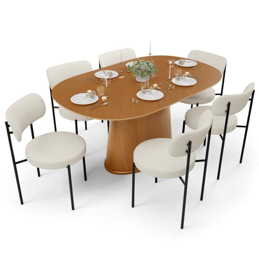 Mesa Para Sala De Jantar Valência Com 06 Cadeiras Sala De Jantar Louise L02 Linho Champagne - Lyam Decor