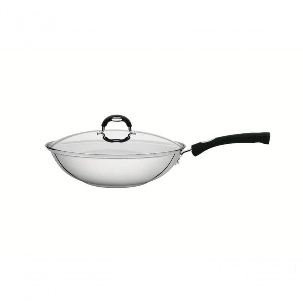 Wok Tramontina Astro Silicone 28cm Em Inox Com Tampa De Vidro