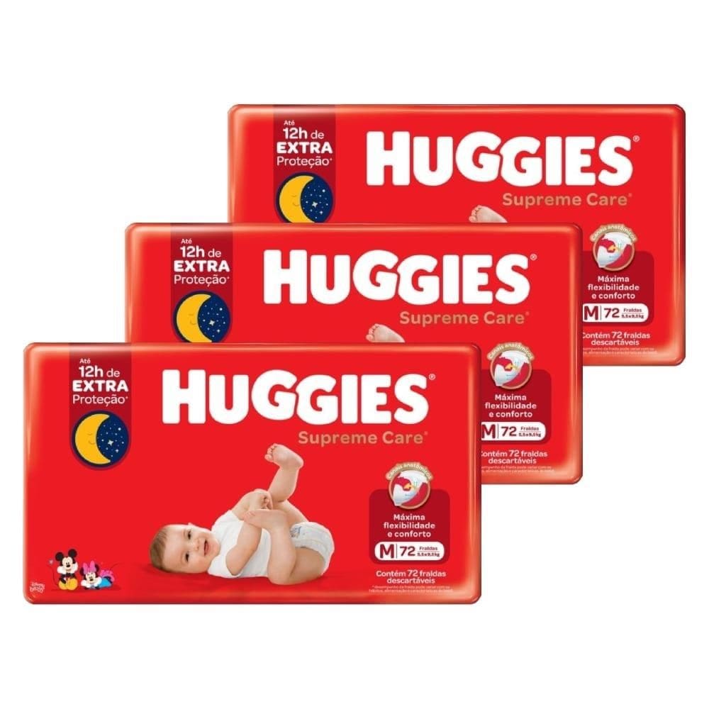 Fralda Descartável Huggies Hiper Supreme Care Tamanho M - 3 Pacotes com 72 Fraldas - Total de 198 Tiras