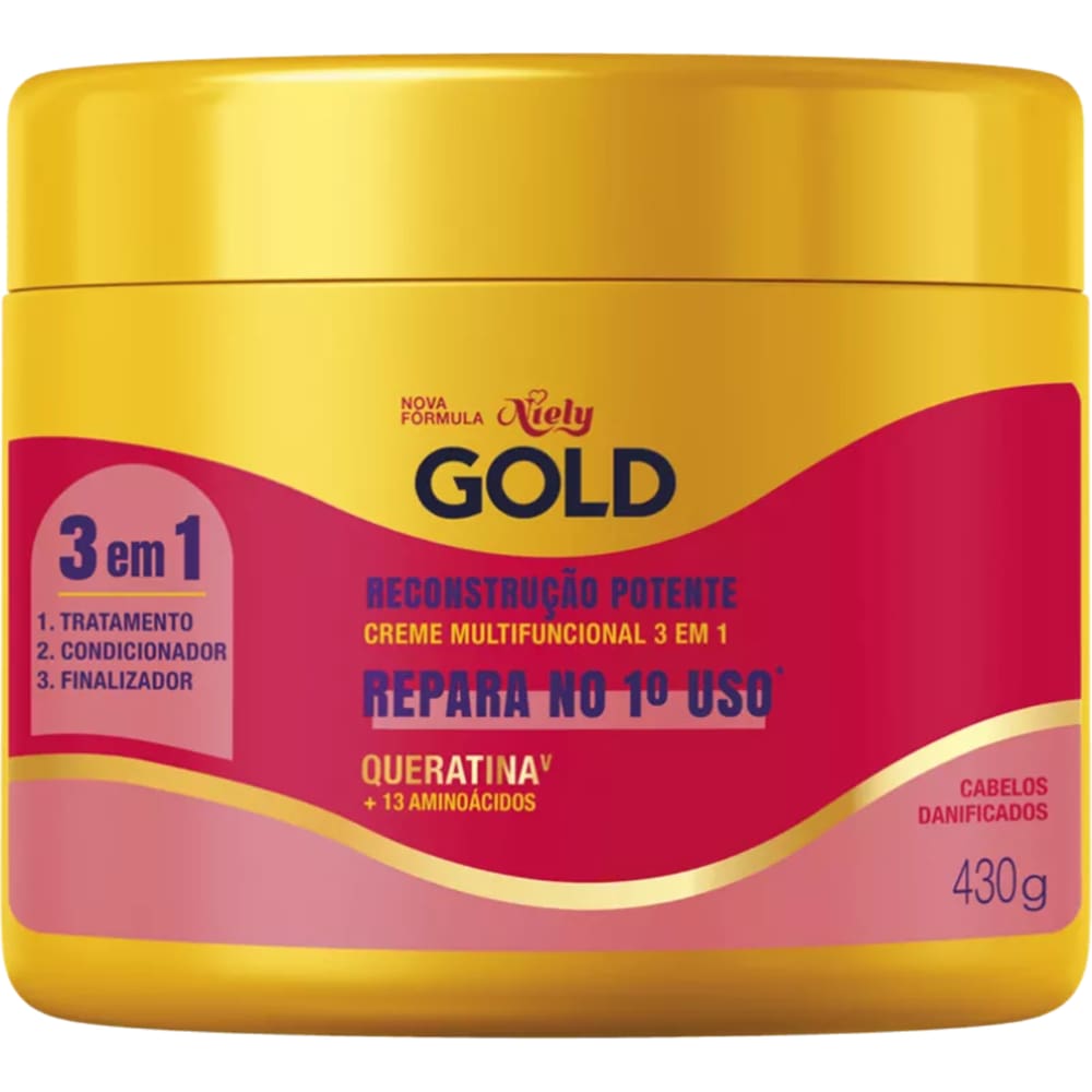 Creme Multifuncional Niely Gold 3 em 1 Cabelos Danificados Reconstrução Potente 430g