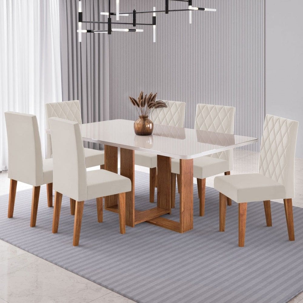 Mesa de Jantar 6 Lugares Afrodite com Vidro Marrom/Off White/Veludo Pastel - Viero Móveis