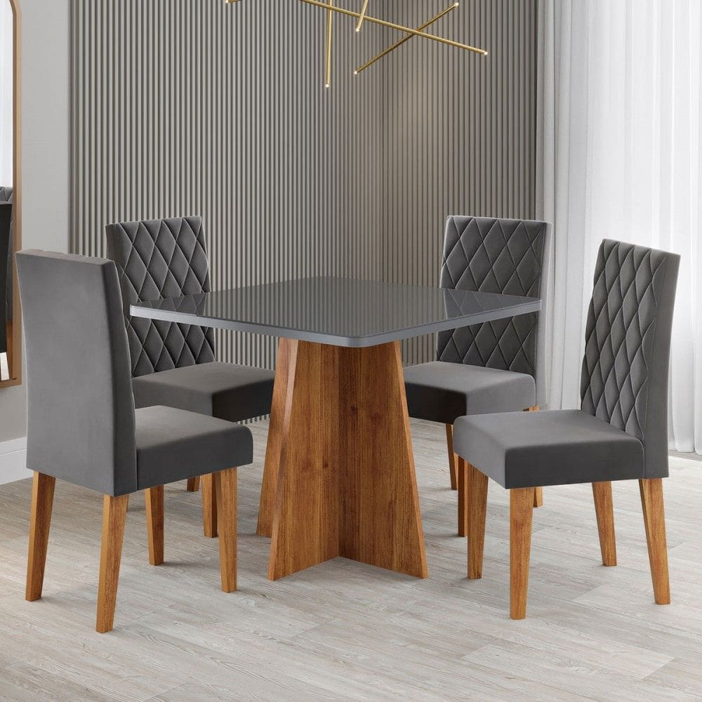 Mesa de Jantar 4 Lugares Evah Marrom/Cinza/Veludo Cinza - Viero Móveis