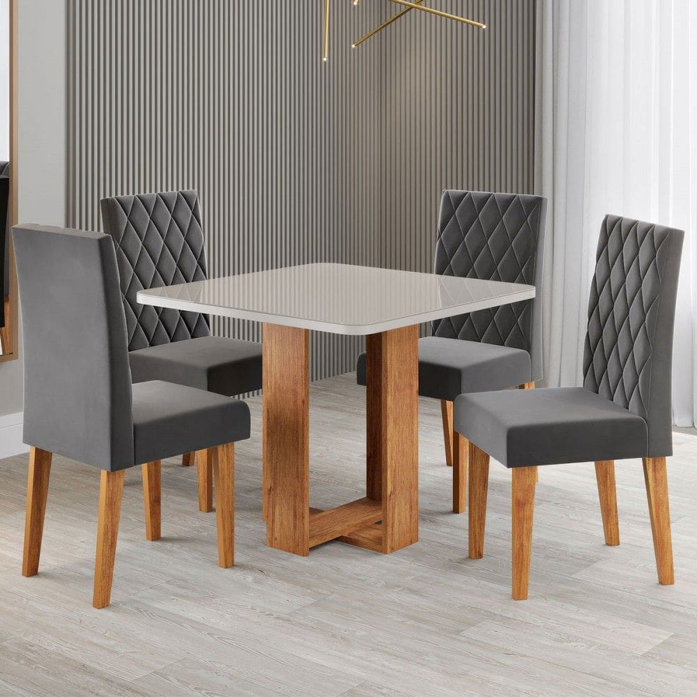 Mesa de Jantar 4 Lugares Magiore com Vidro Marrom/Off White/Veludo Cinza - Viero Móveis