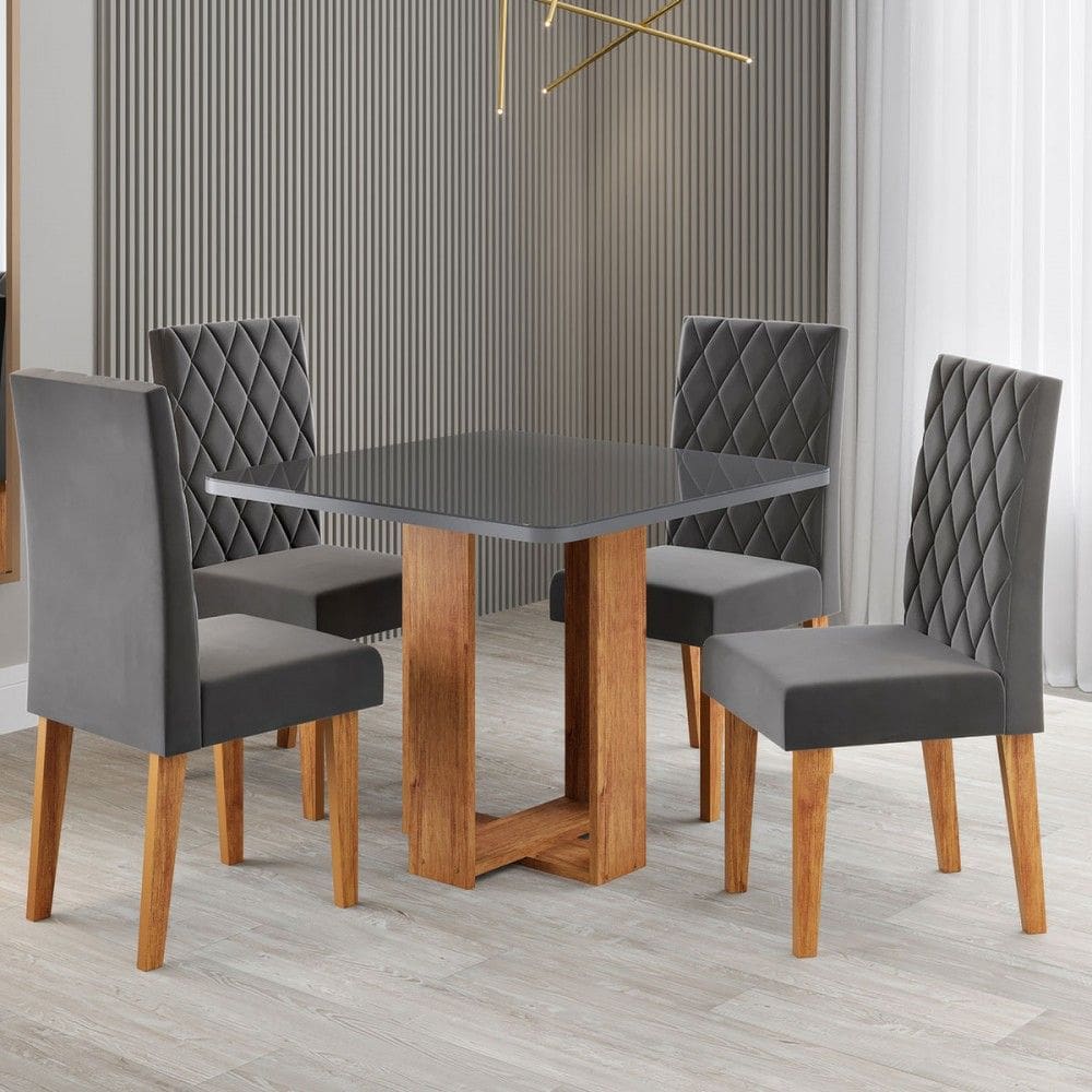 Mesa de Jantar 4 Lugares Magiore Marrom/Cinza/Veludo Cinza - Viero Móveis