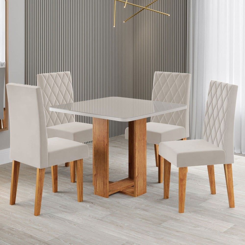 Mesa de Jantar 4 Lugares Magiore Marrom/Blonde/Veludo Pastel - Viero Móveis