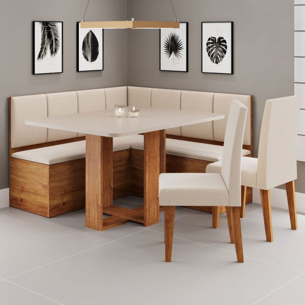 Canto Alemão Victor com 2 Cadeiras Marrom/Blonde/Linho Bronze - Viero Móveis