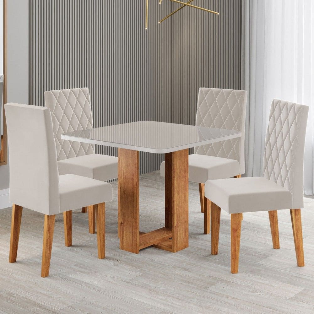 Mesa de Jantar 4 Lugares Magiore com Vidro Marrom/Off White/Veludo Pastel - Viero Móveis