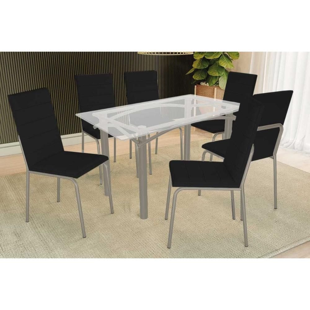 Sala de Jantar Completa Elba c/ Tampo de Vidro 150cm e 6 Cadeiras Amsterdã Niquel - Corano Preto - Kappesberg