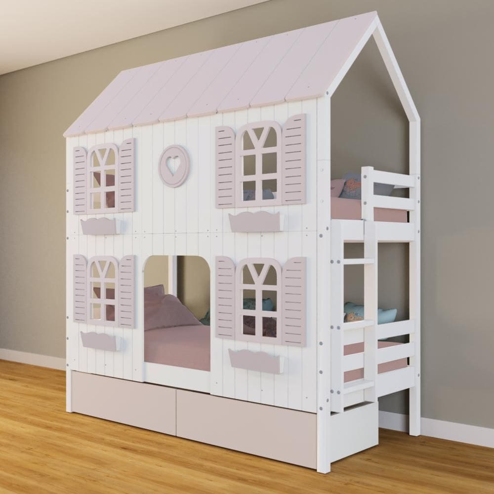 Beliche Casinha Bela com Coração 2 Gavetas Rosa 4 Janelas Venezianas - Madeira Maciça Branco/Rosa | Housin