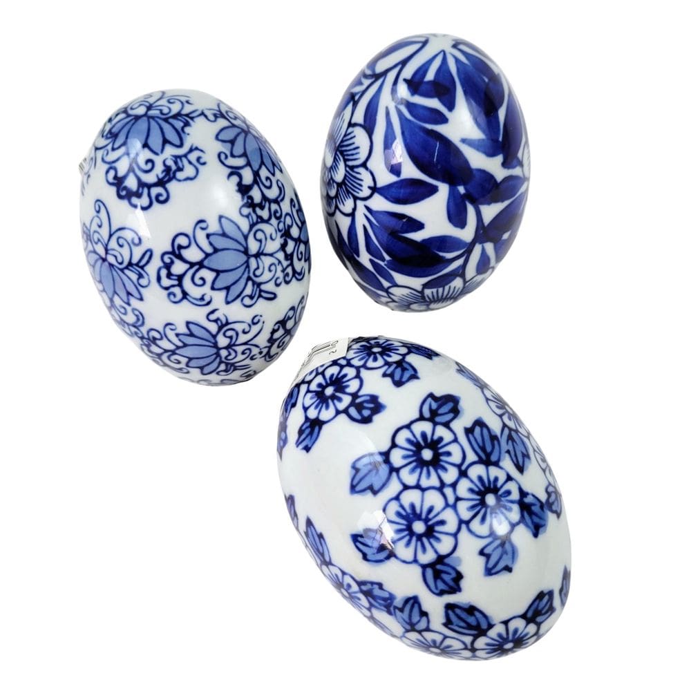 Kit 3 Ovo De Páscoa Porcelana Azul E Branca Decorativo 8X5Cm