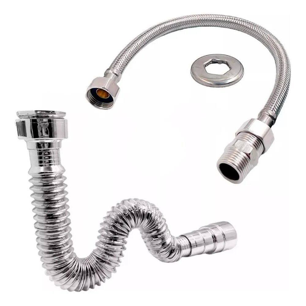 2X Kit Sifão + Rabicho 60Cm Metal Inox Flexível Mangueira