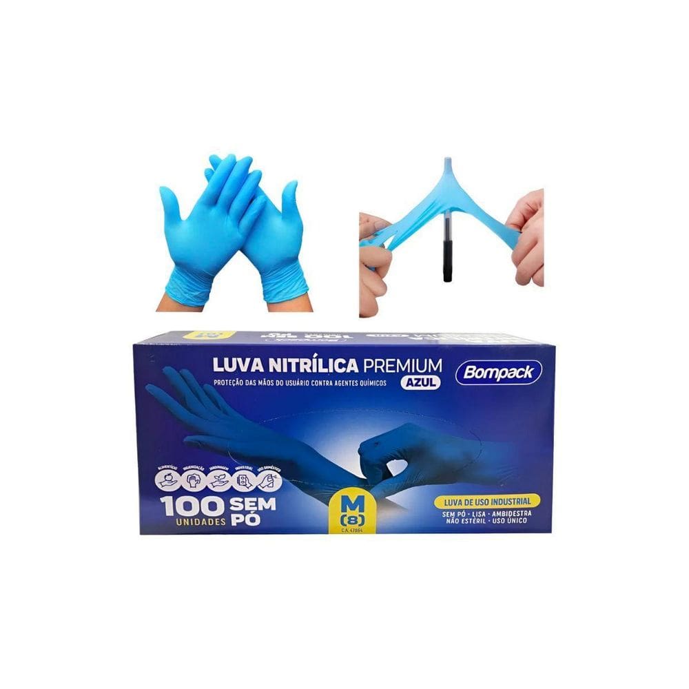 Luva Nitrílica Comfort Azul Sem Pó Bompack Tam M C/100 Un