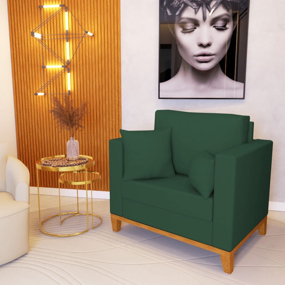 Poltrona Beny para Recepção com 2 Almofadas Veludo Verde Base em Madeira Maciça