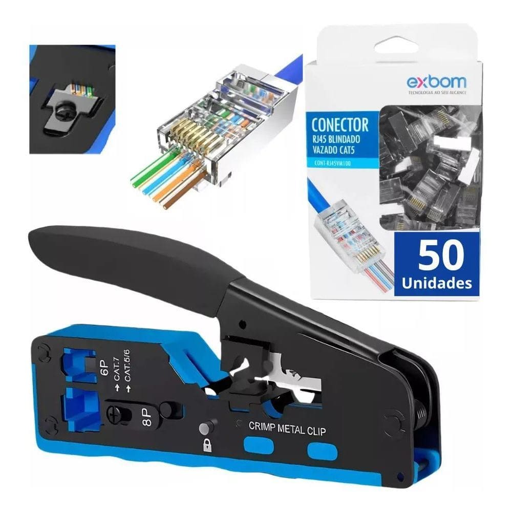 2X Alicate Crimpar Rj45 Vazado Rj11 Cat5/6/7 + 50 Rj45 Blind