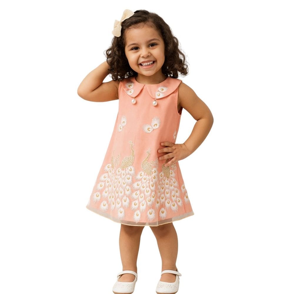 Vestido Infantil Aniversário Pavão Ouro Festa Casamento Dama