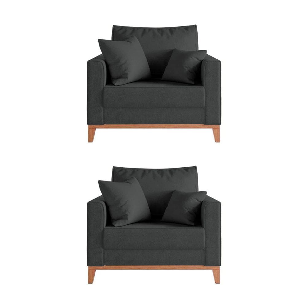 Kit 2 Poltronas Beny Decorativa com 2 Almofadas Veludo Cinza Base em Madeira Maciça