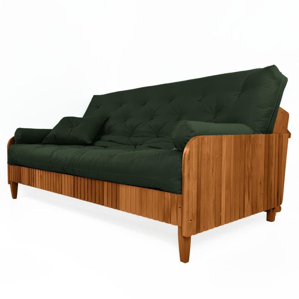 Sofá Cama Paris II Ripado Sarja em Madeira Maciça Natural - Verde Militar