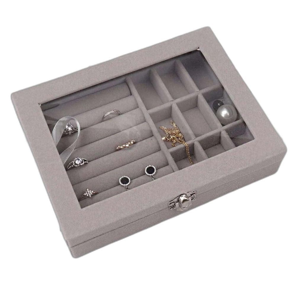 Porta Joias Veludo Compacto Com Tampa De Vidro Divisórias