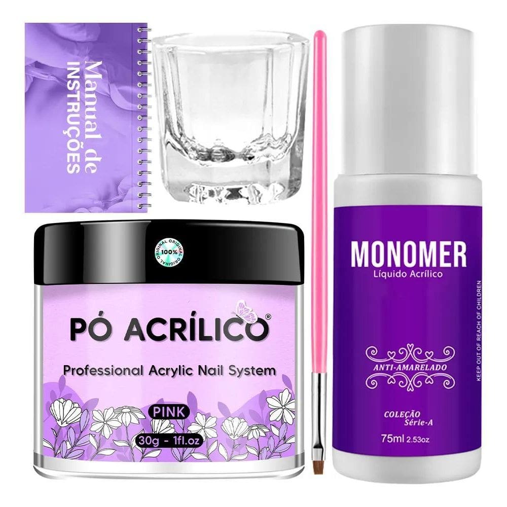 Kit Alongamento Unha Copo Dappen Monomer Pincel Pó Acrílico