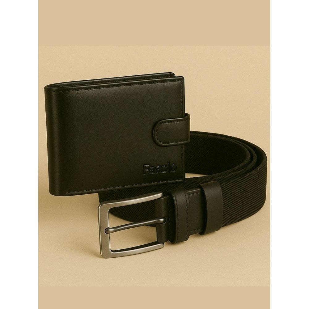 Kit Masculino Fasolo Carteira Botão E Cinto Couro Preto 105
