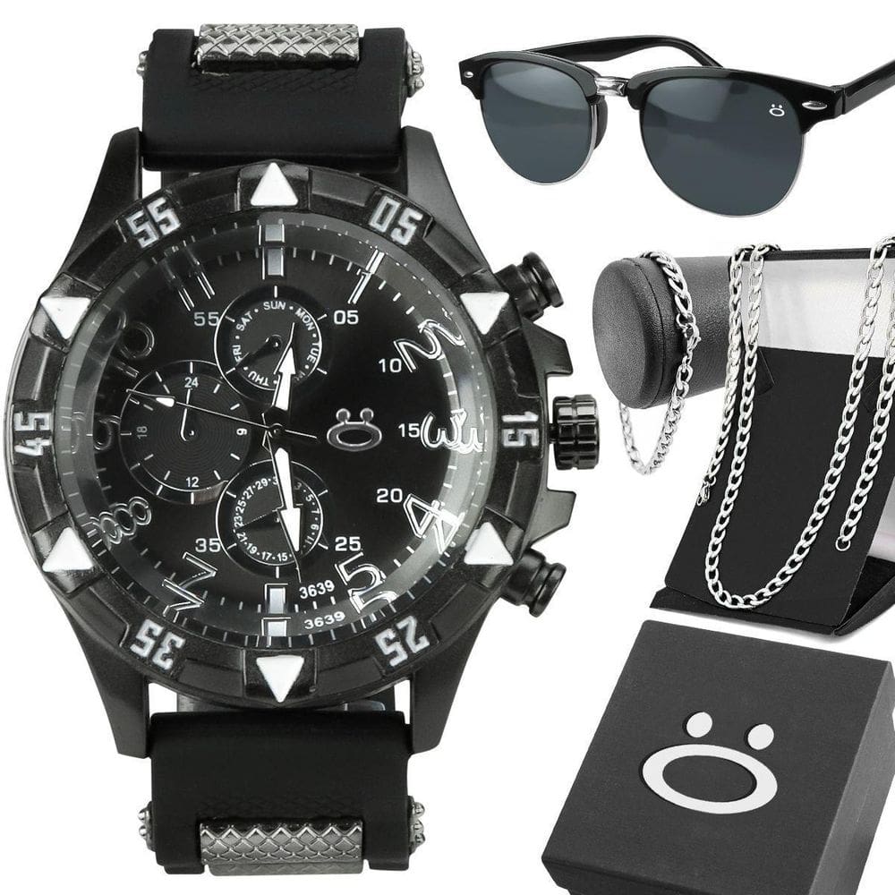 Relogio Aço Preto + Pulseira Cordao + Oculos Sol Robusto