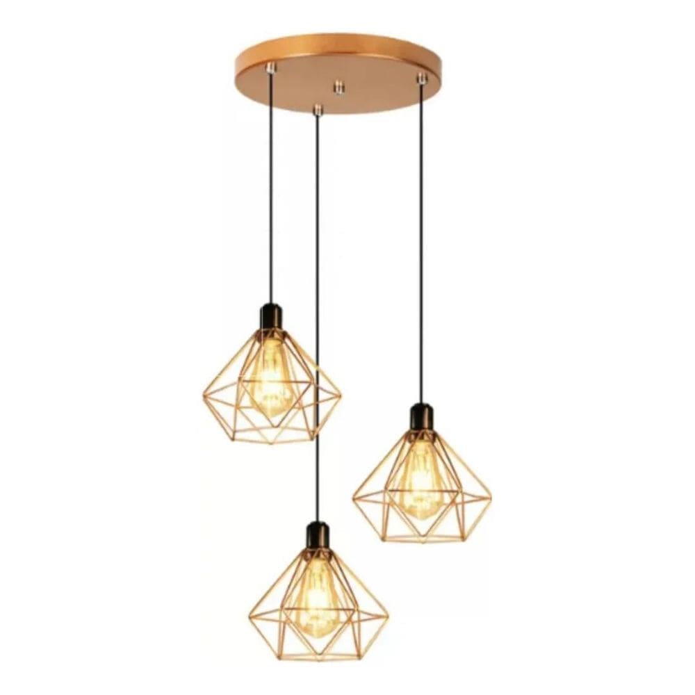 2X Luminária E-Led Pendente Triplo Aramado Diamante Cor Cobr