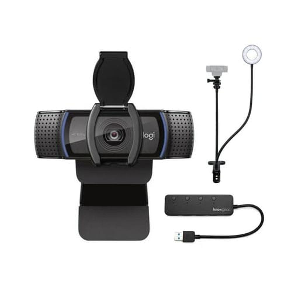 Pacote de webcam Logitech C920S Pro HD com suporte para webcam com luz de anel de selfie e hub USB de 4 portas (3 itens)