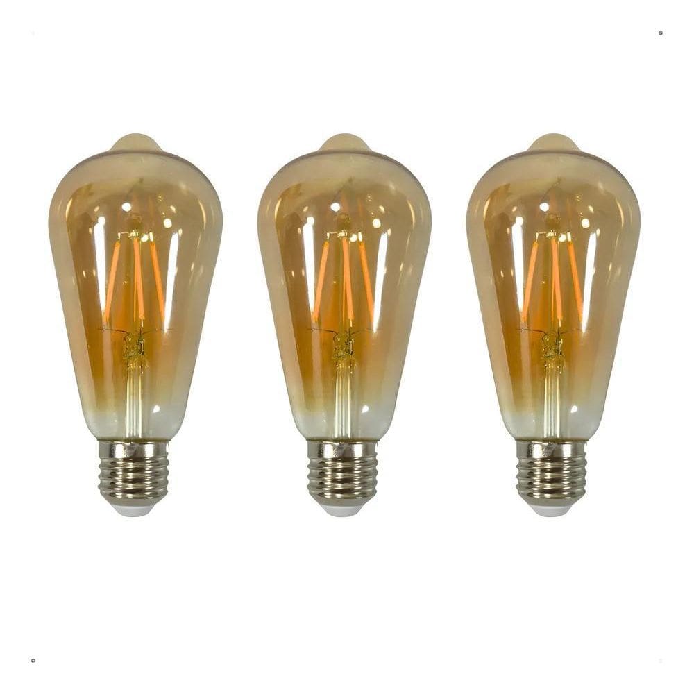 2X Kit 3 Lâmpadas Filamento Led St64 Decorativa Âmbar 4W Biv
