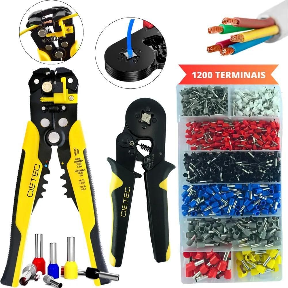 2X Kit Alicate Crimpar Descascador 1200 Terminais Ilhós Tubu