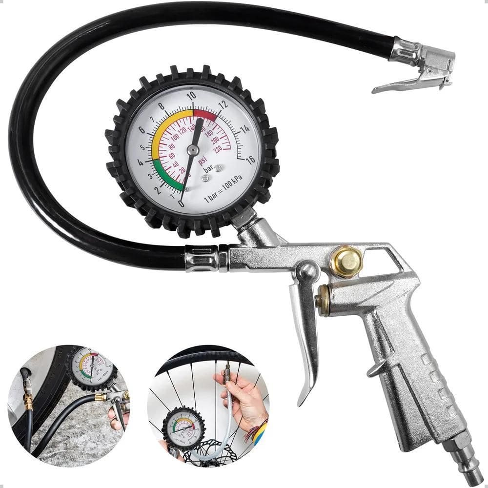 2X Calibrador De Pneus Pneumático Com Manômetro 220L Bico Fo