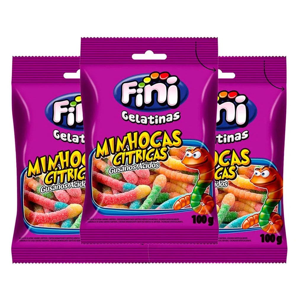 Balas de Gelatina Fini Minhocas Cítricas 100g | Kit com três unidades