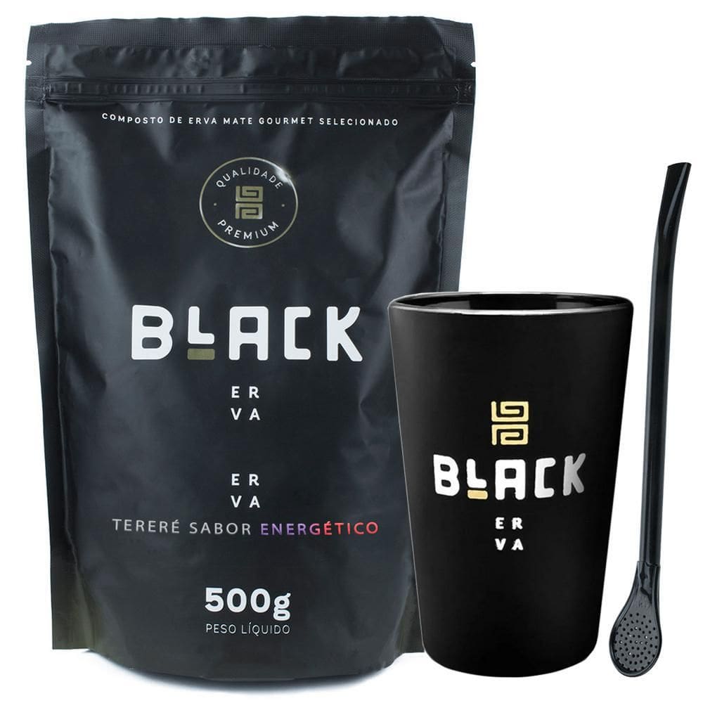 Kit Tereré Erva Energético Copo Preto E Bomba Black Erva