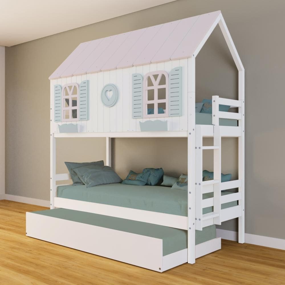 Treliche Casinha Bela com Coração - Madeira Maciça Branco/Rosa/Verde | Housin