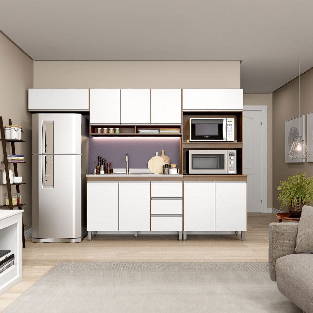 Armário de Cozinha Compacta com Balcão Pia Torre Quente Sabrina 280 x 202 Cm 4 Peças MDP Branco MENU
