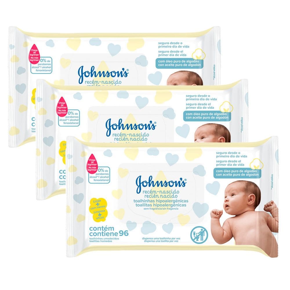 Kit 3 Toalhas Umedecidas Johnson`s Baby Recém Nascido 96 Unidades