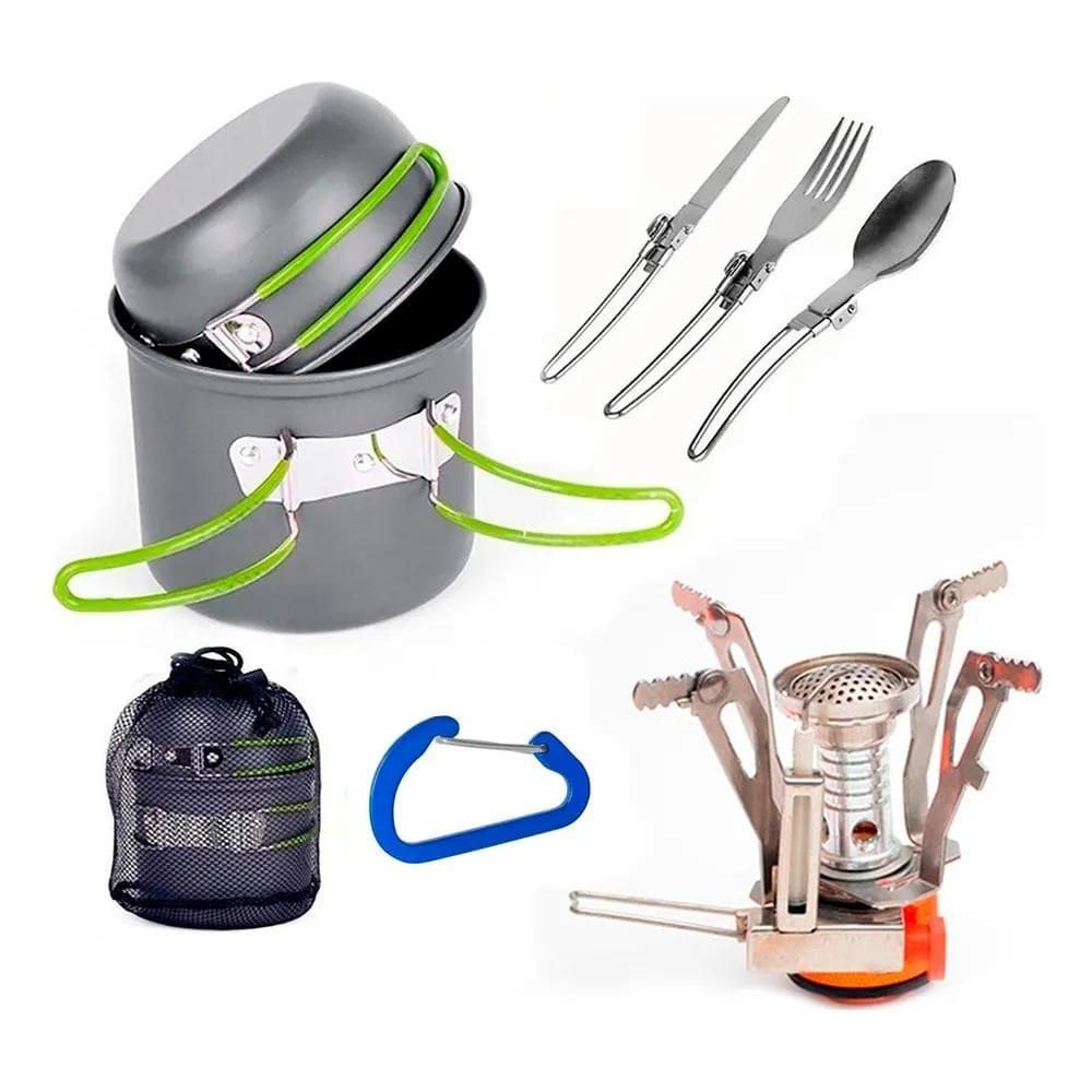 2X Kit Cozinha Camping Pesca Trekking Panela Fogareiro Talh