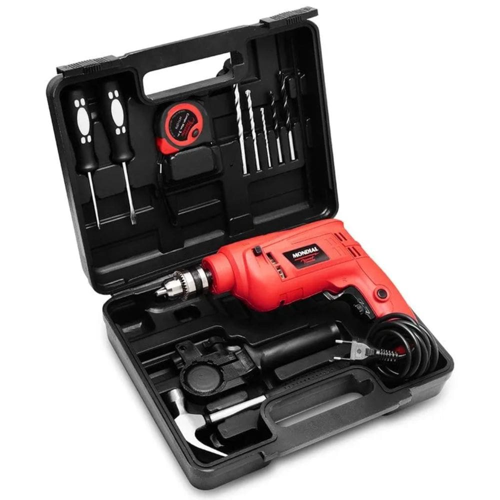 Kit Maleta de Ferramentas com Furadeira 127V 650w Trena Brocas Chaves Martelo Completo Mondial