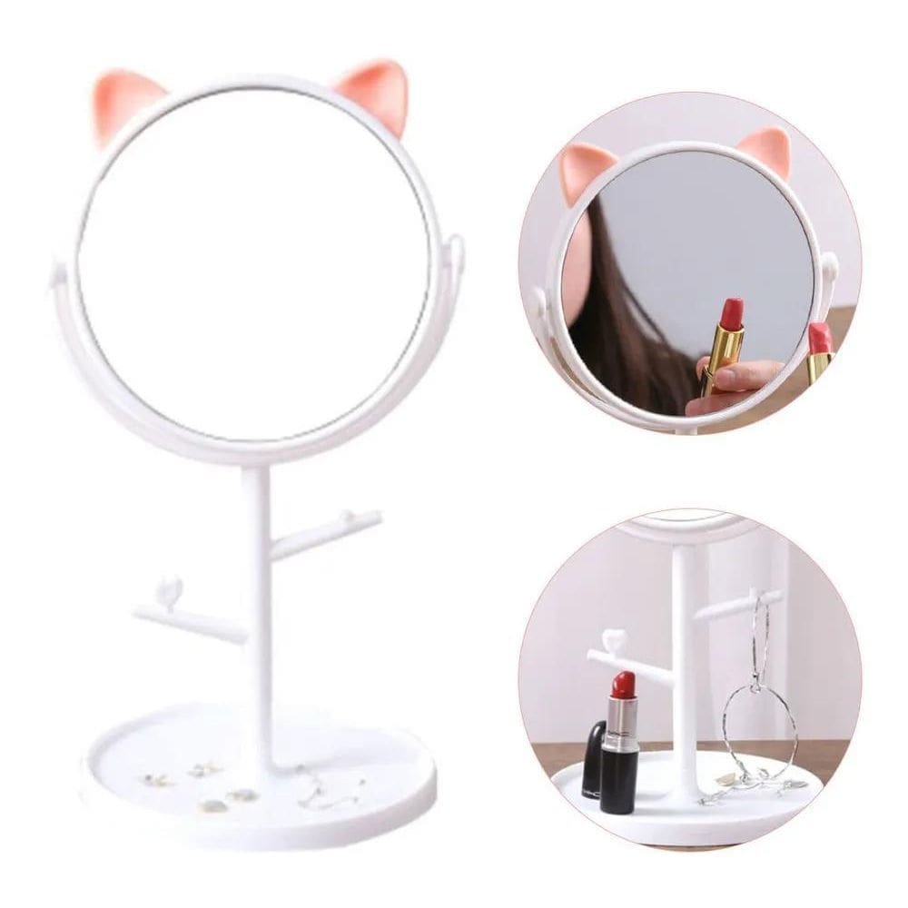 Espelho Mesa Gatinho Com Porta Maquiagem Bijuteria Cosmético