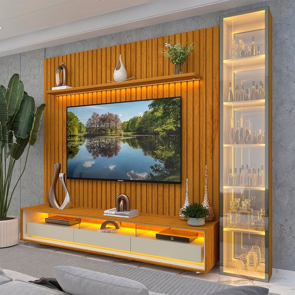 Rack com Painel para Tv até 85” 3g1p Led/rodízios/esp 266,8cm 100% Mdf Nobre Clean/requinte/luminare Naturale/Off White