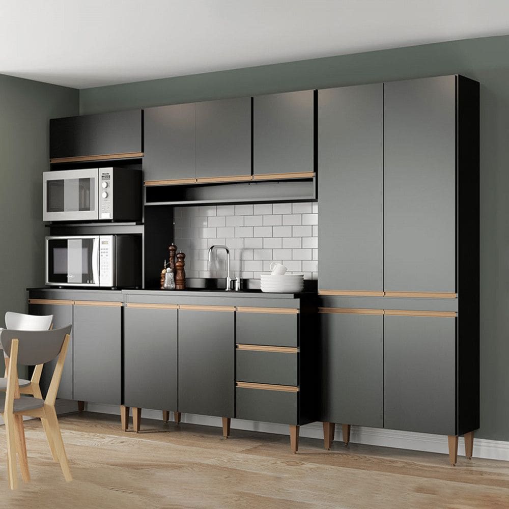 Armário de Cozinha Completo Modulado Sabrina 280 x 200 Cm 4 Peças MDP Preto Menu Móveis