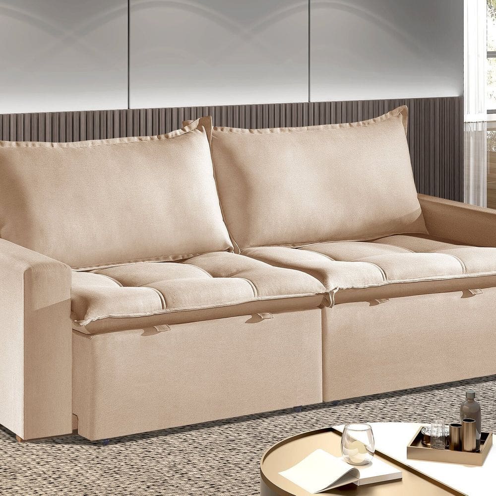 Sofá Cama Retrátil e Reclinável 190cm Veludo Itália Bege