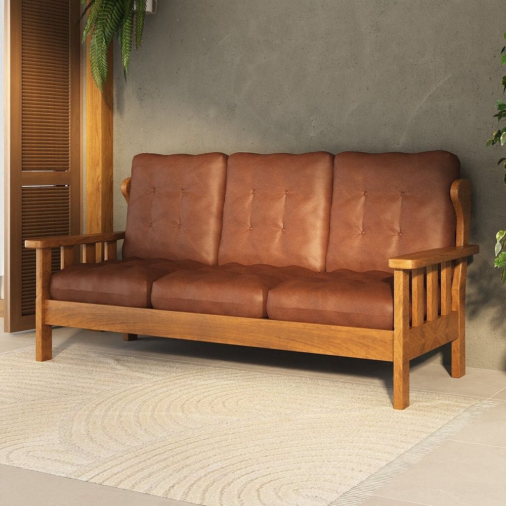 Sofá 3 Lugares com Almofadas 100% Madeira Maciça Mogno Mel