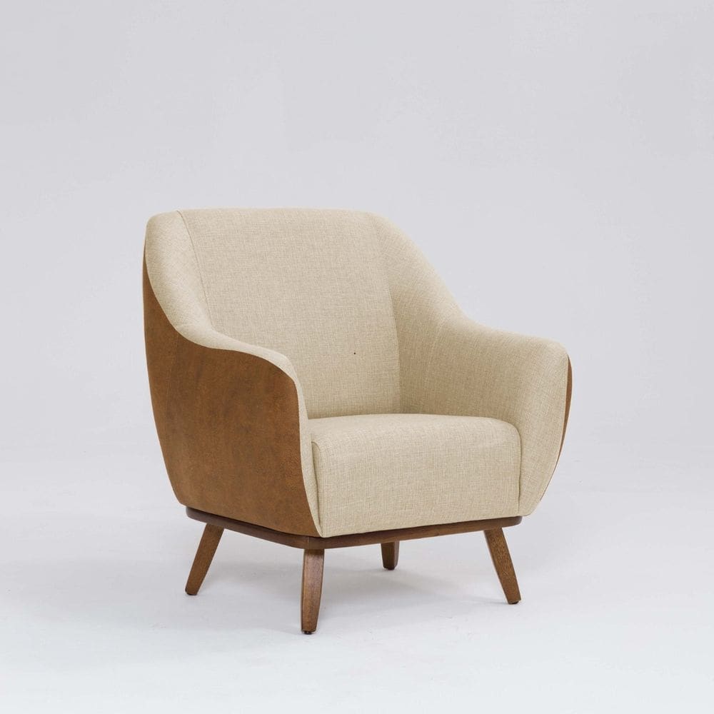 Poltrona Sintético e Linho Base Madeira Paloma Mescla Terracota / Marfim